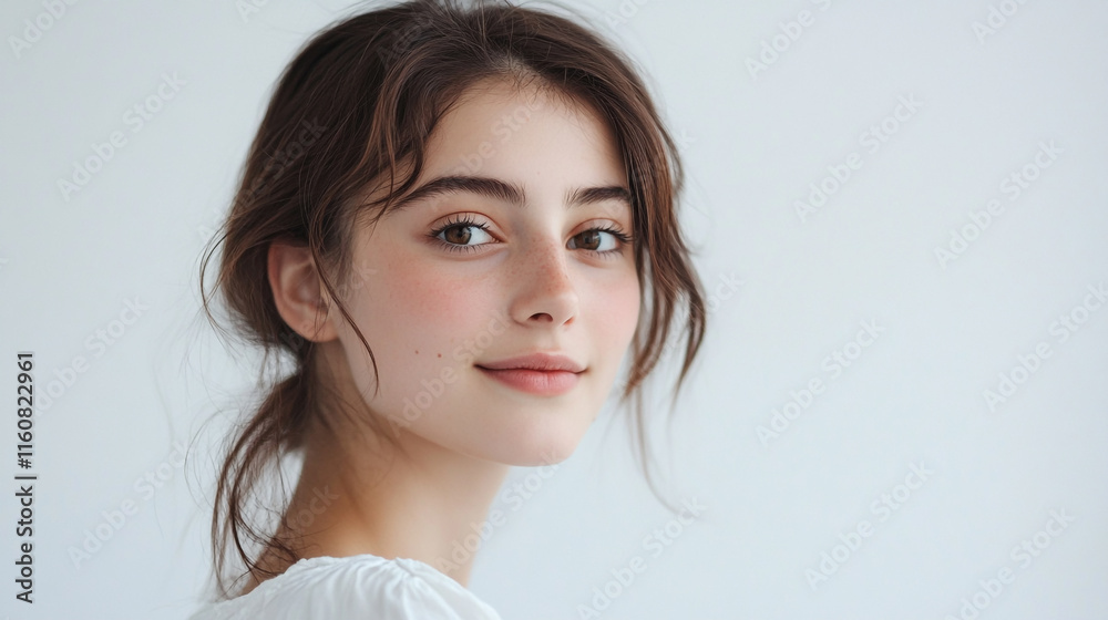Young woman with soft features gazes gently over her shoulder in serene indoor setting Young woman with soft features gazes gently over her shoulder in serene indoor setting