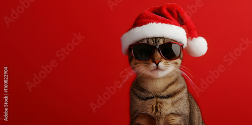 A slender cat in sunglasses and a Santa hat, isolated on a red background with copy space