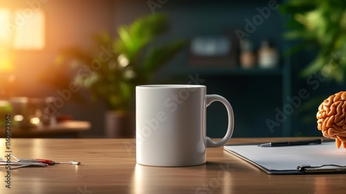 White mug mockup on a medical desk with a brain model. Generative AI