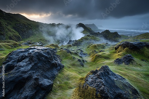 Dramatic coastal landscape with geothermal steam, mossy rocks, and moody sky.