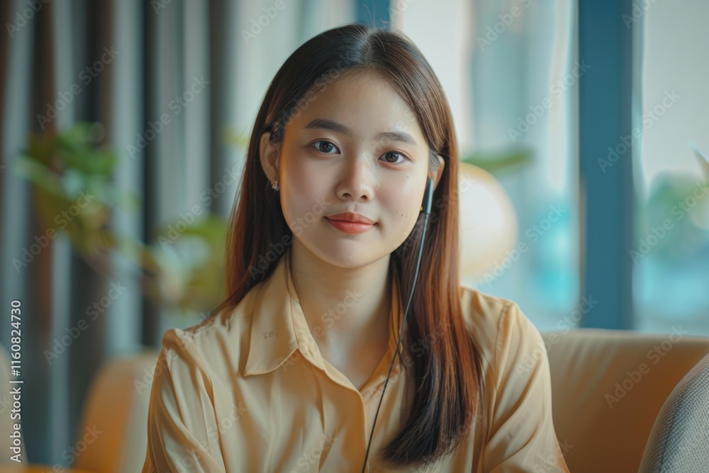 Asian female employee learning online courses at home for career development.