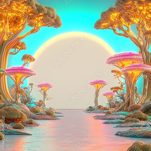 Conceptual Futuristic Scene Featuring Adaptive AI Elements in a Surreal Landscape with Vibrant Colors and Unique Flora