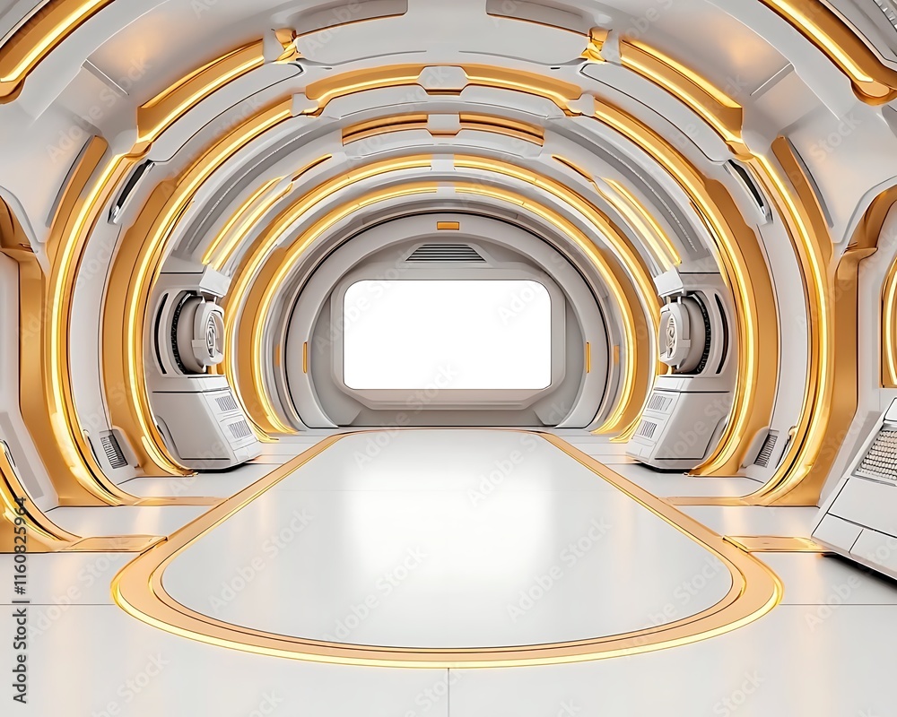 Obraz premium Futuristic Dynamic Space Featuring Illuminated Curved Walls and High-Tech Equipment for AI Research and Enhanced Perception in a Modern Hub Environment