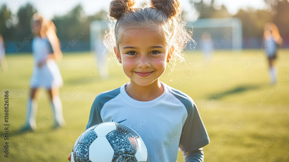 dynamic portrait of child girl high buns who plays soccer professionally, standing confidently on a soccer field in her team uniform. holding a soccer ball, her expression full of determination pride. dynamic portrait of child girl high buns who plays soccer professionally, standing confidently on a soccer field in her team uniform. holding a soccer ball, her expression full of determination pride.