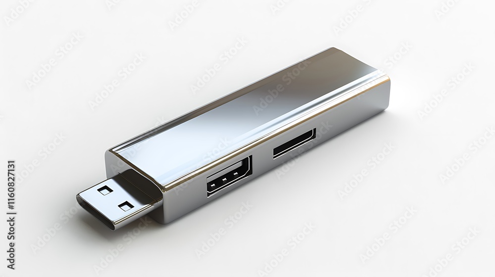 A small USB flash drive with a sleek metallic finish, isolated on white. A small USB flash drive with a sleek metallic finish, isolated on white.