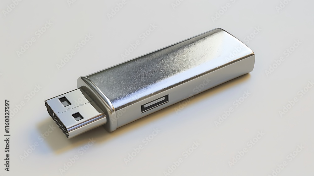 A small USB flash drive with a sleek metallic finish, isolated on white. A small USB flash drive with a sleek metallic finish, isolated on white.