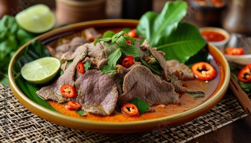 Delicious Thai Yam Nua Beef Salad with Fresh Herbs and Spicy Chili Garnish photo