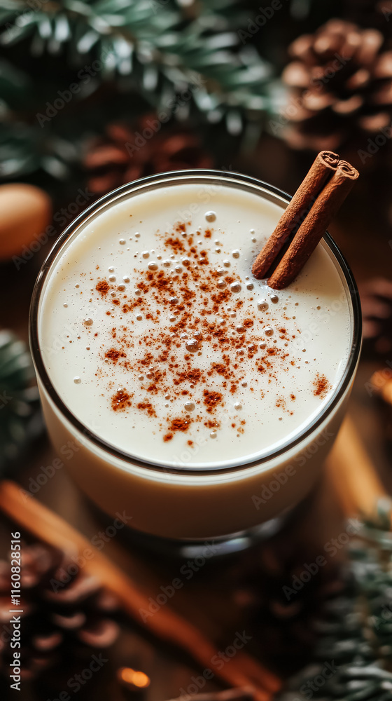 Glass of milk with cinnamon on top. The glass is on a table with a Christmas tree in the background Glass of milk with cinnamon on top. The glass is on a table with a Christmas tree in the background