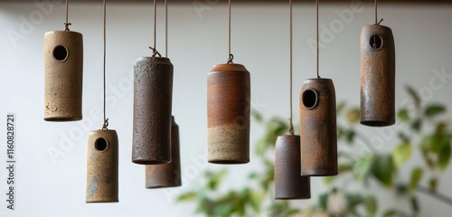 Vertical wind chimes made from mud pottery, each with a unique, soothing tone.