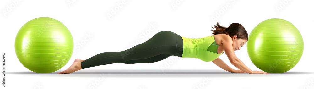 Fitness Woman's Plank Exercise with Yoga Balls, Enhancing Core Strength and Stability, Improves Balance and Flexibility. Fitness Woman's Plank Exercise with Yoga Balls, Enhancing Core Strength and Stability, Improves Balance and Flexibility.
