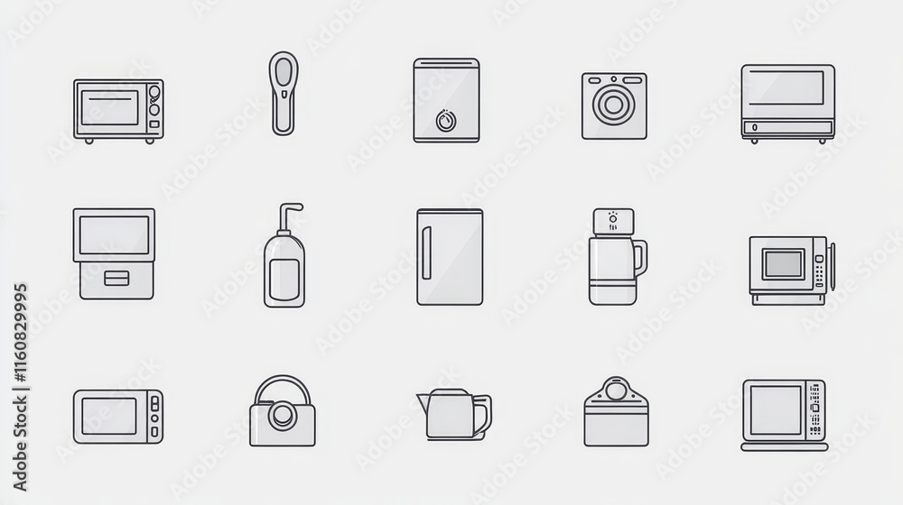 Home appliance icons set. Refrigerator, microwave, oven and vacuum cleaner, iron, stove and toaster, washing and coffee machine, blender and kettle, computer, tv and camera, telephone, air conditioner Home appliance icons set. Refrigerator, microwave, oven and vacuum cleaner, iron, stove and toaster, washing and coffee machine, blender and kettle, computer, tv and camera, telephone, air conditioner