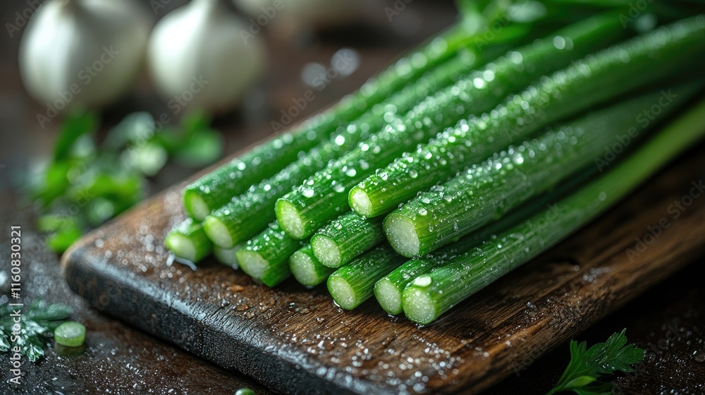 Fresh Green Garlic Scapes on Rustic Wooden Board Fresh Green Garlic Scapes on Rustic Wooden Board