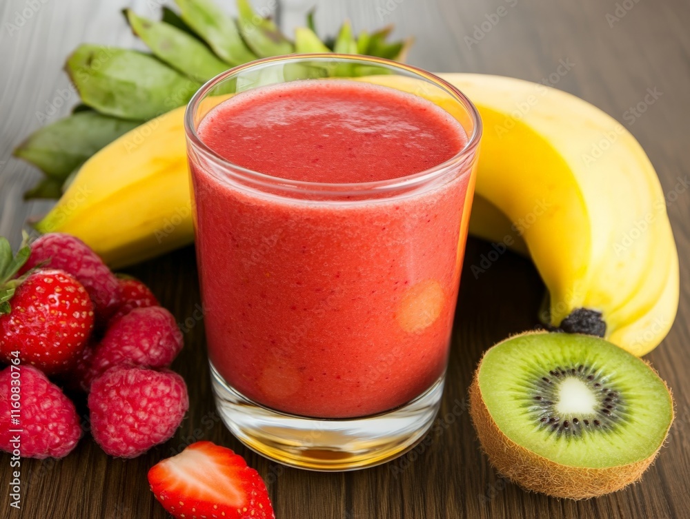 Vibrant red berry smoothie in a tall glass surrounded by bananas, kiwi, and raspberries on a wooden table, emphasizing tropical health and energy boosting nutrition Vibrant red berry smoothie in a tall glass surrounded by bananas, kiwi, and raspberries on a wooden table, emphasizing tropical health and energy boosting nutrition