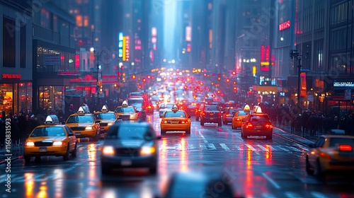Rainy Night in NYC: A Cityscape of Yellow Cabs and Glowing Lights