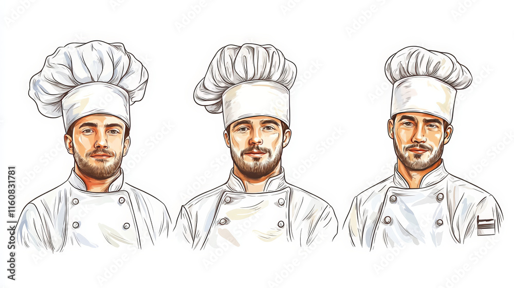 Chef hats icons with white professional uniform caps for kitchen staff in doodle sketch style Chef hats icons with white professional uniform caps for kitchen staff in doodle sketch style