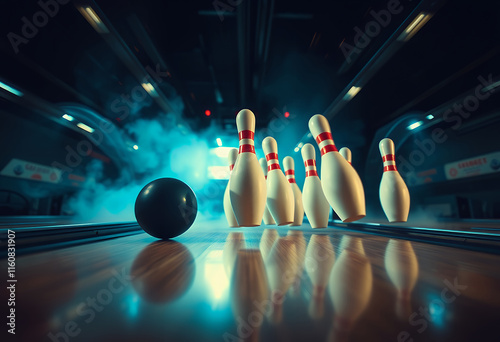 Bowling pins knocked down in a dimly lit bowling alley.