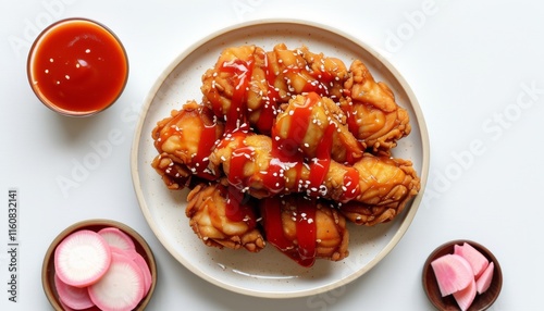 Delicious Yangnyeom Fried Chicken with Spicy Sauce and Pickled Vegetables on Elegant Plate photo