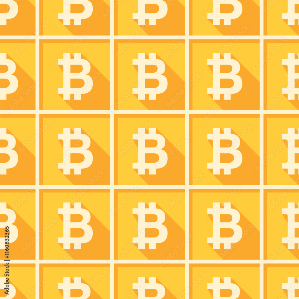 Bitcoin long shadow white square icons on yellow checkered background. Vector seamless pattern. Bitcoin long shadow white square icons on yellow checkered background. Vector seamless pattern.