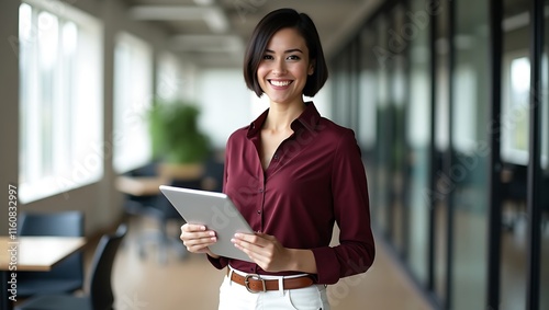 Portrait of young Hispanic professional business woman standing in office. Happy female company executive, smiling businesswoman entrepreneur corporate leader manager looking at camera using tablet