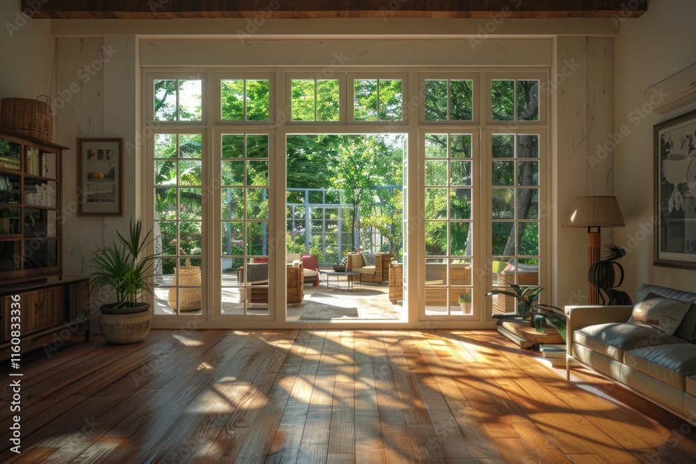 Wood floor living room with center couch patio access. Wood floor living room with center couch patio access.