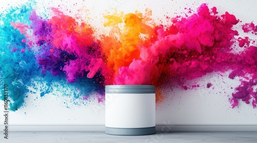 2025 Creative Projects modern design. Vibrant colored powder bursts from a white container against a wall. photo