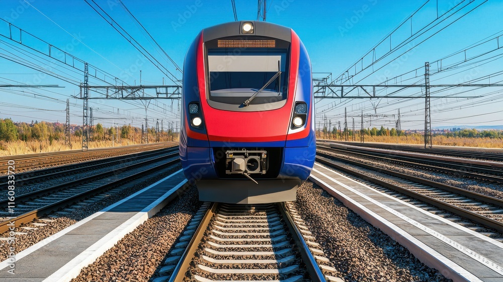 2025 Creative Projects modern design. Bright red train on tracks under a clear blue sky. 2025 Creative Projects modern design. Bright red train on tracks under a clear blue sky.