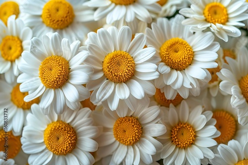 Bright daisies in full bloom fill the frame with vibrant white petals and sunny yellow centers in a close-up view