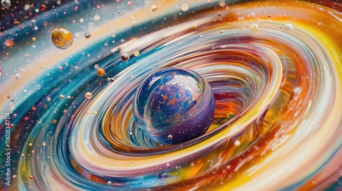 Colorful swirling galaxy with central planet.