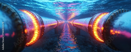 distribution resources flow concept. Underwater pipes illuminated with glowing lights create a mesmerizing visual effect in a deep aquatic environment. photo