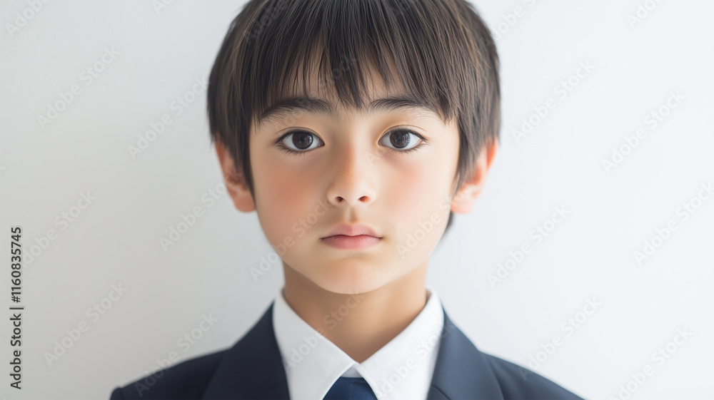 制服を着た12歳日本人少年の少し緊張した表情の白背景胸上ポートレート 制服を着た12歳日本人少年の少し緊張した表情の白背景胸上ポートレート
