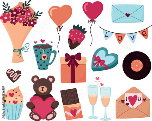 Valentine's Day set with balloons, sweets, sparkling wine, gifts, bouquet of flowers and others. Colorful flat illustration with various cute trinkets in the shape of hearts.