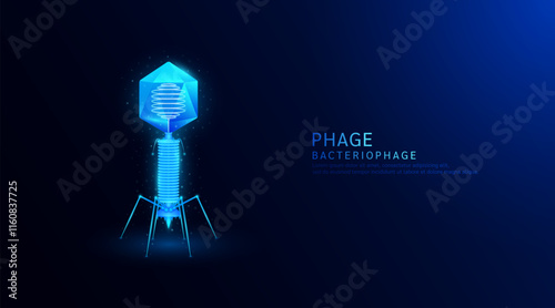 Bacteriophage or Phage. Virus affects destroys harmful bacterial cell human internal. Model glowing microbes on blue background. Medical science research and analysis. Vector EPS10.