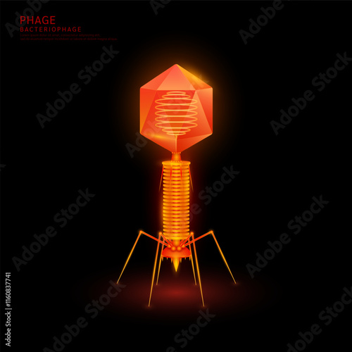 Bacteriophage or Phage. Model glowing microbes red on black background. Virus affects destroys harmful bacterial cell human internal. Medical science research and analysis. Vector EPS10. photo