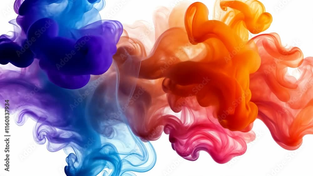 Colorful smoke powder is creating dynamic abstract shapes on white background, perfect for white backgrounds and creative projects and polished aesthetic