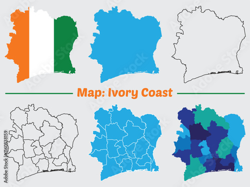 set of map of continent Ivory Coast country map set. internal provinces borders marked, Simple map of Ivory Coast vector drawing, Filled and outline.