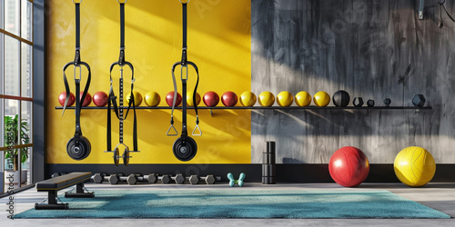 Modern gym with TRX bands, weights, medicine balls, and exercise bench. photo