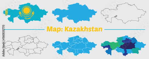 Kazakhstan country map set. internal provinces borders marked, Simple map of Kazakhstan vector drawing, Filled and outline.