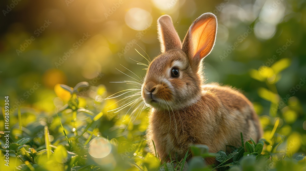 Adorable Bunny Rabbit in Sunny Green Grass Meadow Adorable Bunny Rabbit in Sunny Green Grass Meadow