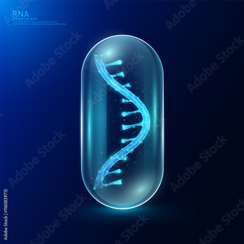 Chromosome RNA or ribonucleic acid in antibiotics drug capsule. Gene double helix blue glowing polygonal. Nucleus cell genetic synthetic biology combined. Medical science vector.