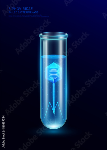 Model tailed bacteriophage glowing microbes. Siphoviridae in glass test tube. Virus affects destroys harmful bacterial cell human internal. Medical science research and analysis. Vector EPS10.
