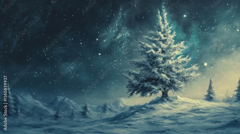 Naklejka premium Snowy winter landscape with a majestic pine tree under a starry night sky.