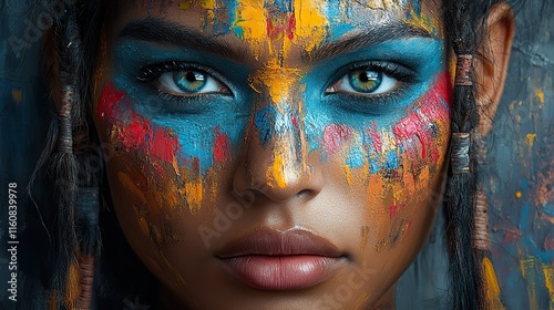 Oil painting and face art of tribal people with color showcase artistic expression, design, patterns, and creative splashes on gallery canvases
