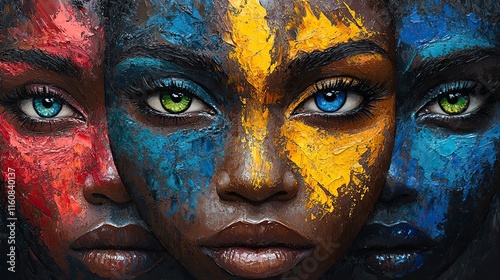 Oil painting and face art of tribal people with color showcase artistic expression, design, patterns, and creative splashes on gallery canvases