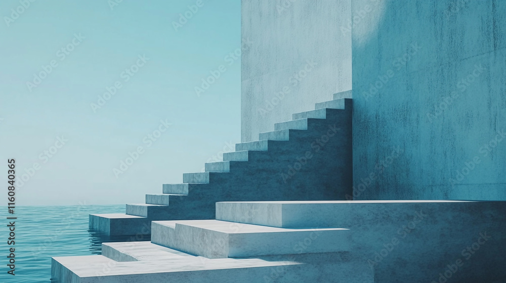 Fototapeta premium Modern architectural steps leading to serene water under a clear blue sky