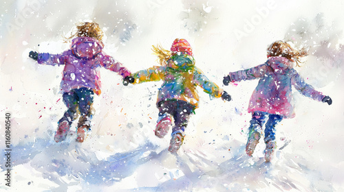 Three children playing in snow, joyfully running together in winter