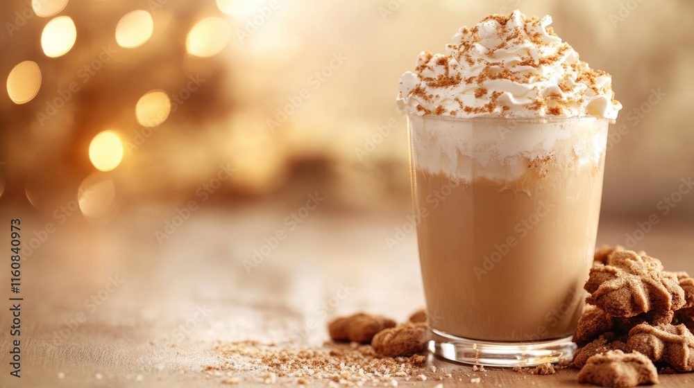 Creamy coffee topped with whipped cream and sprinkles, surrounde Creamy coffee topped with whipped cream and sprinkles, surrounde