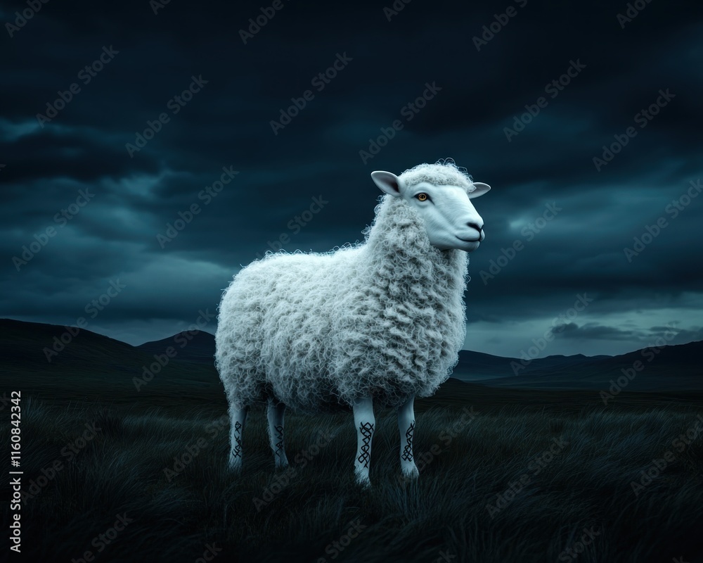 Fototapeta premium A captivating image showcases a single sheep standing in a serene Irish countryside, where subtle Celtic designs adorn its wool, blending heritage with nature's tranquility This scene captures the