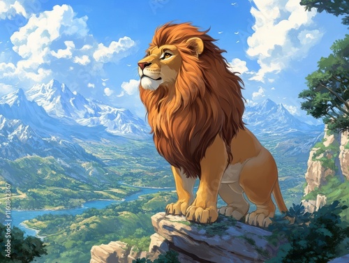 Capture a regal lion overlooking lush landscapes