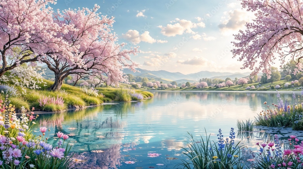 Serene landscape with cherry blossoms reflecting on calm water
