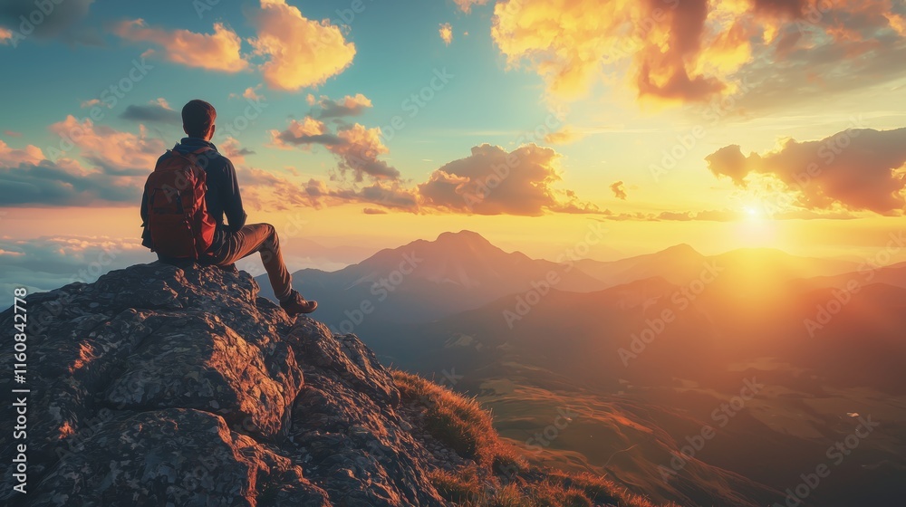Fototapeta premium Serene Hiker Enjoying Sunset View Over Majestic Mountain Landscape